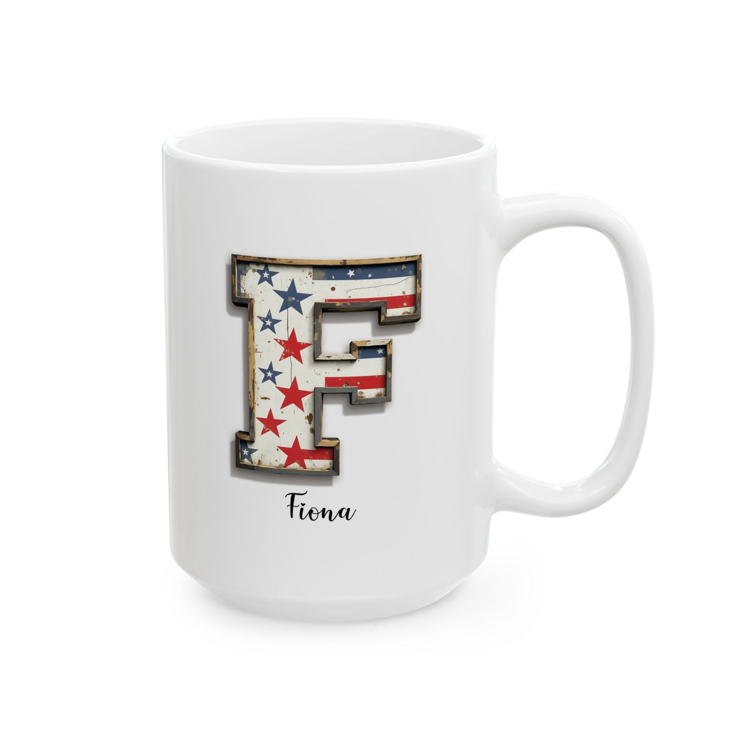 Mug - Patriotic American Flag Letter F with Kevin Name - Vintage Red, White, and Blue Design