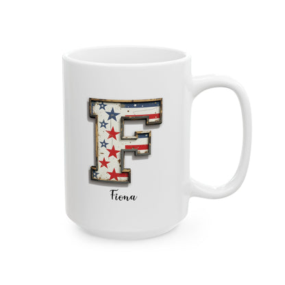 Mug - Patriotic American Flag Letter F with Kevin Name - Vintage Red, White, and Blue Design
