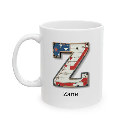 White Personalized USA Flag Initial Mug with Letter Z and Zane Name Gift for Men, Veterans, Patriotic Coffee Lovers