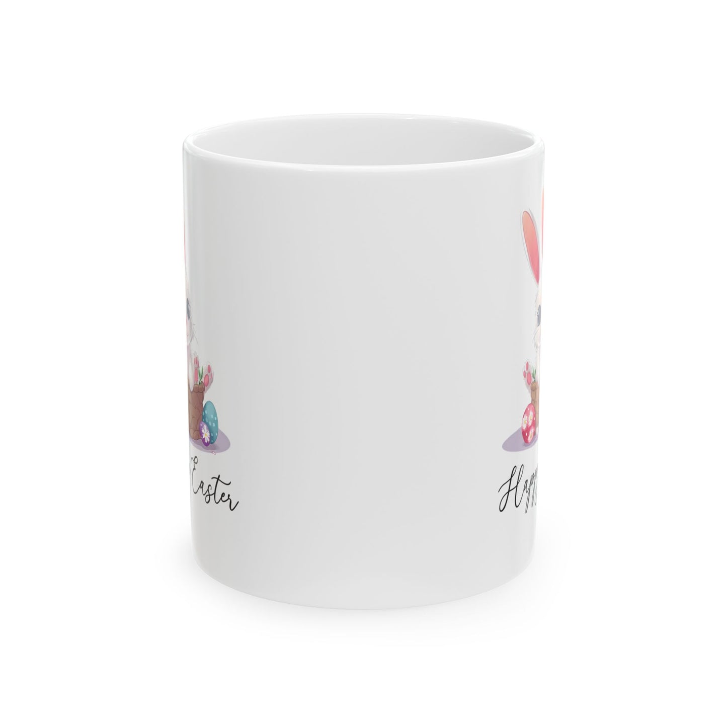 Happy Easter Bunny in Basket Mug – White Cup with Cute Pastel Eggs