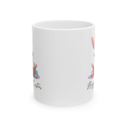 Happy Easter Bunny in Basket Mug – White Cup with Cute Pastel Eggs