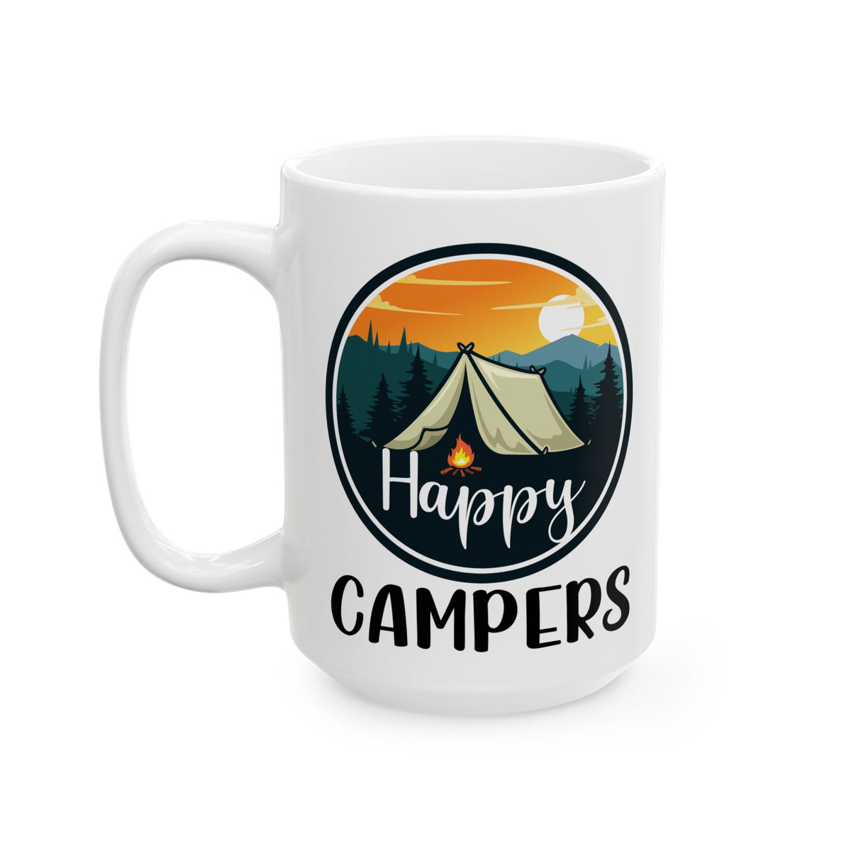 Happy Campers – Vintage Tent and Bonfire Adventure Scene Ceramic Mug, (11oz, 15oz)