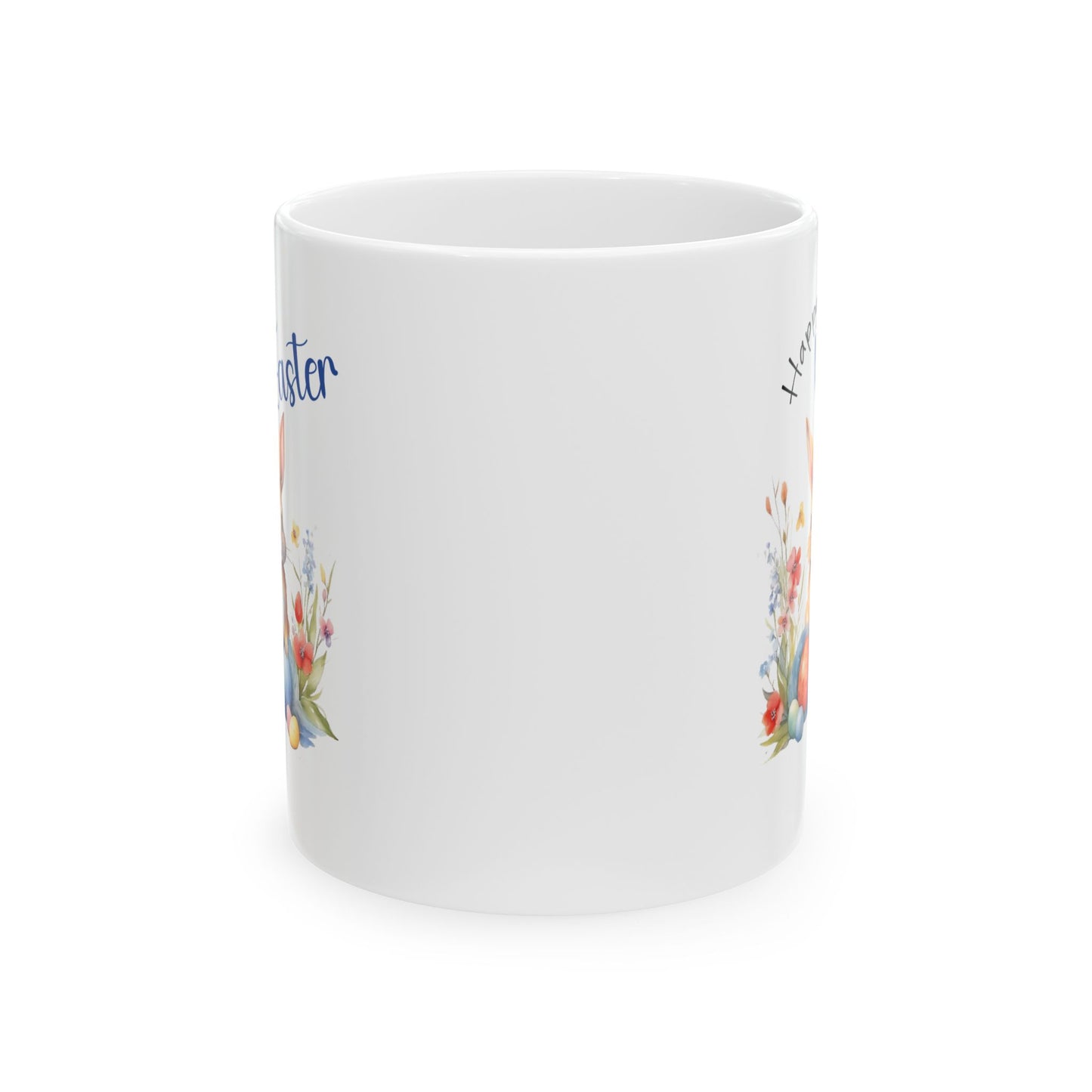 Happy Easter Mug – Cute Bunny with Colorful Eggs & Flowers