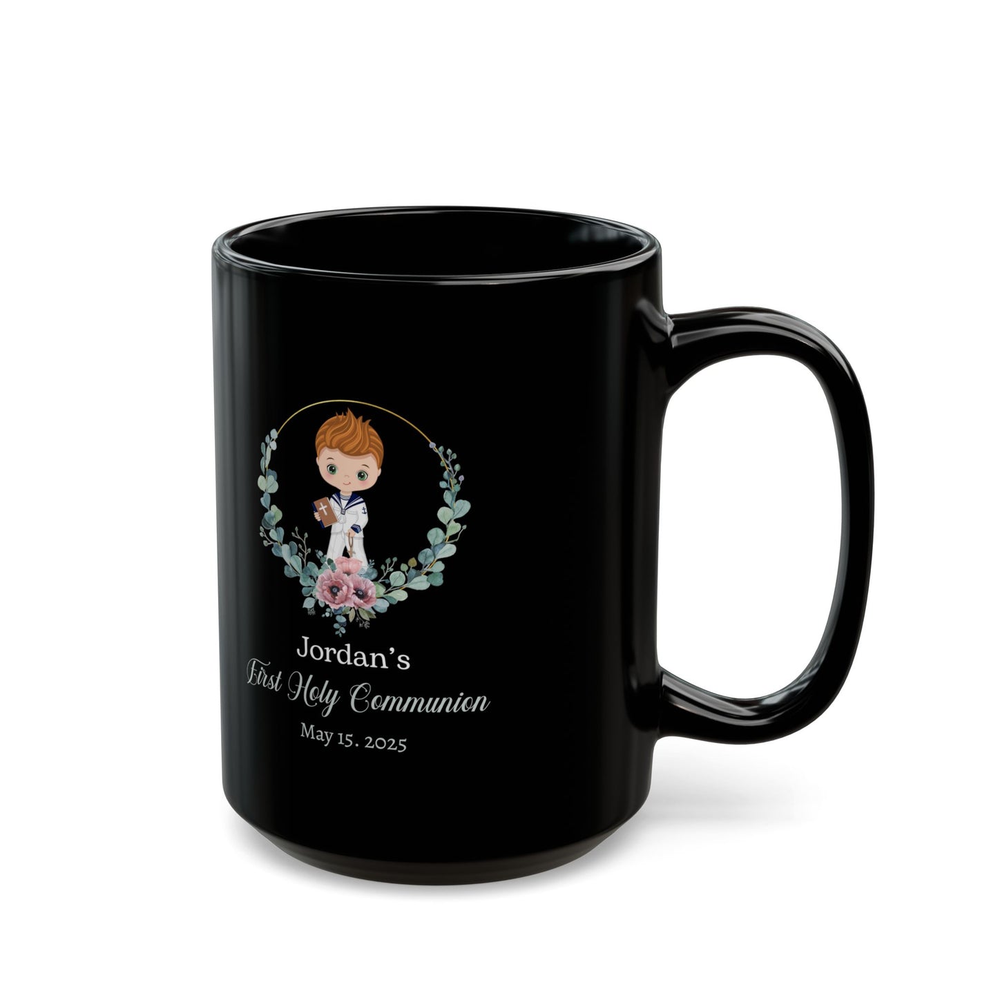 Jordan's First Holy Communion Black Mug – Custom Keepsake Gift 2025