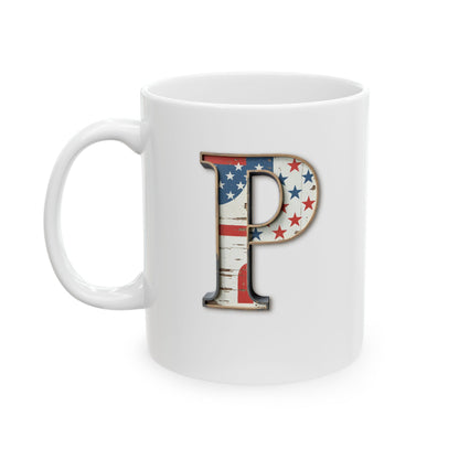 White American Flag Mug with Letter P Patriotic Initial Coffee Cup Gift for Veterans Military Families or Proud Americans