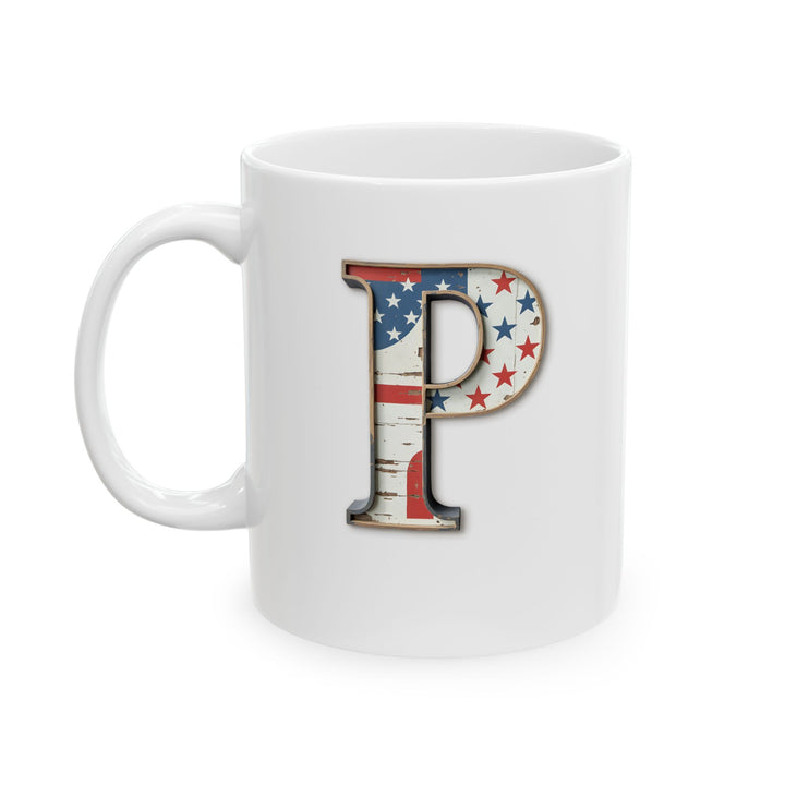 White American Flag Mug with Letter P Patriotic Initial Coffee Cup Gift for Veterans Military Families or Proud Americans