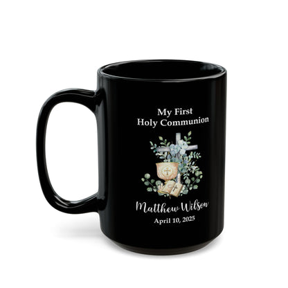 First Holy Communion Black Mug – Personalized Gift for Matthew