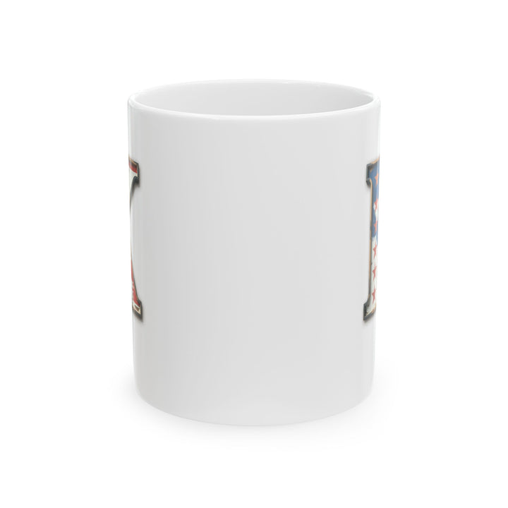 Mug - Patriotic American Flag Letter K with Kevin Name - Vintage Red, White, and Blue Design