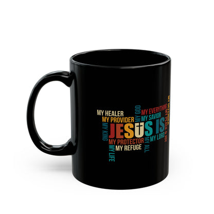 Jesus Is Word Cloud Black Mug – Colorful Christian Coffee Cup