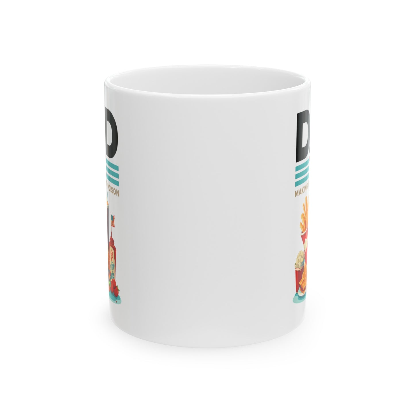 Dad Tax Mug – White with Colorful Junk Food Graphics