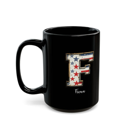 Mug - Patriotic American Flag Letter F with Kevin Name - Vintage Red, White, and Blue Design