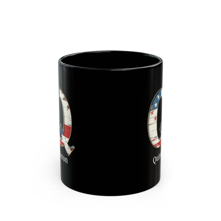 Black American Flag Mug with Letter Q and Name Quinton Personalized Patriotic Coffee Cup Gift for Men Veterans or American Flag Fans