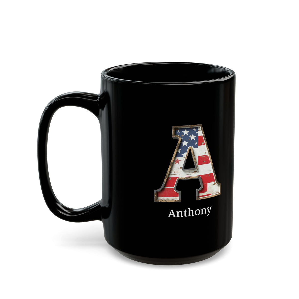 Black Personalized USA Flag Initial Mug with Letter A and Anthony Name Gift for Men, Veterans, Patriotic Coffee Lovers