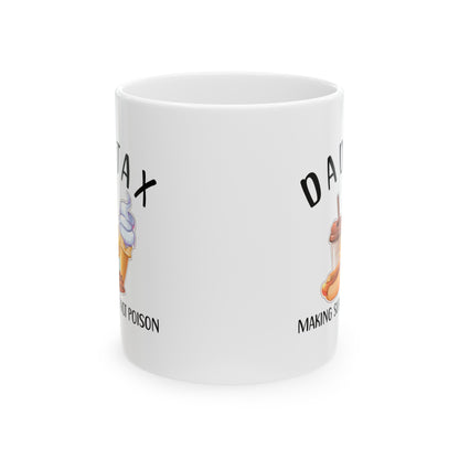 Dad Tax Mug – White with Detailed Snack Graphics