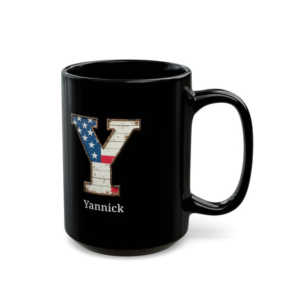 Black Personalized USA Flag Initial Mug with Letter Y and Yannick Name Gift for Men, Veterans, Patriotic Coffee Lovers