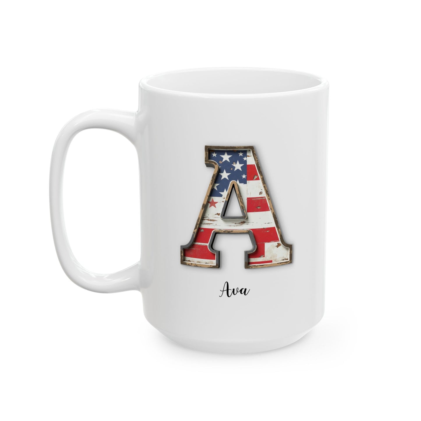 Mug - Patriotic American Flag Letter A with Kevin Name - Vintage Red, White, and Blue Design