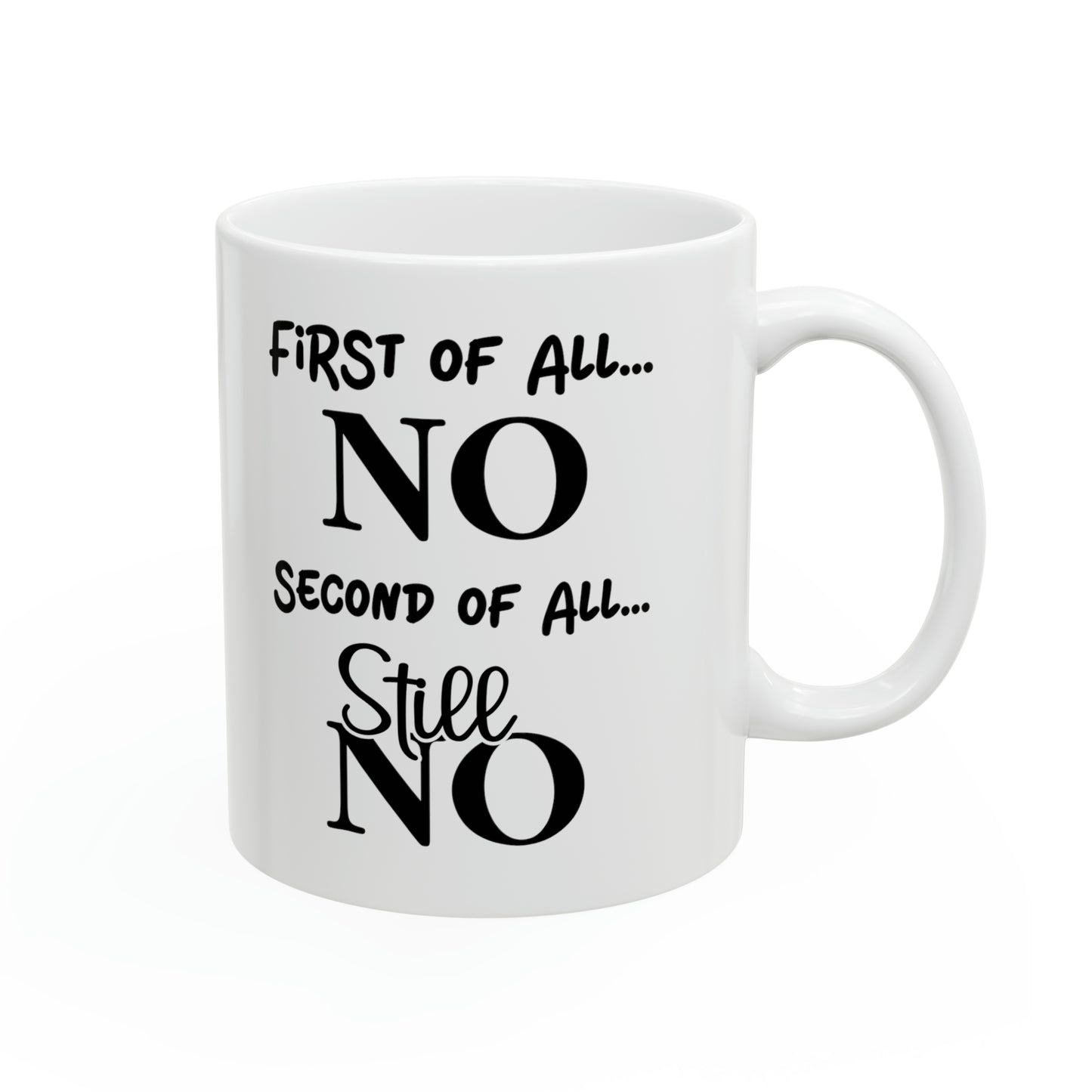 First of All, NO – Humorous Mug for Sassy Moments, Perfect for Coffee Lovers