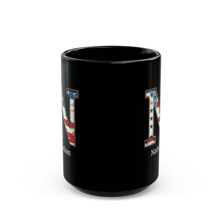 Black American Flag Mug with Letter N and Name Nathan Personalized Patriotic Coffee Cup Gift for Men Veterans or USA Flag Supporters