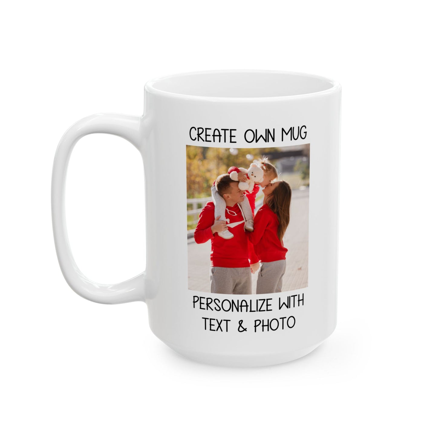 Happy Family Moments in Red Hoodies - Dad, Mom, and Daughter Outdoors Mug
