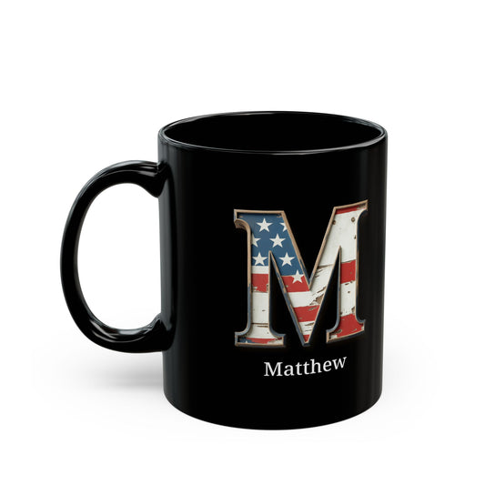 Black American Flag Mug with Letter M and Name Matthew Personalized Patriotic Coffee Cup Gift for Men Veterans or Proud USA Supporters
