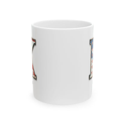 White Patriotic Initial Mug with Letter K and Name Kevin Personalized American Flag Coffee Cup Gift for Men, Veterans, or USA Supporters