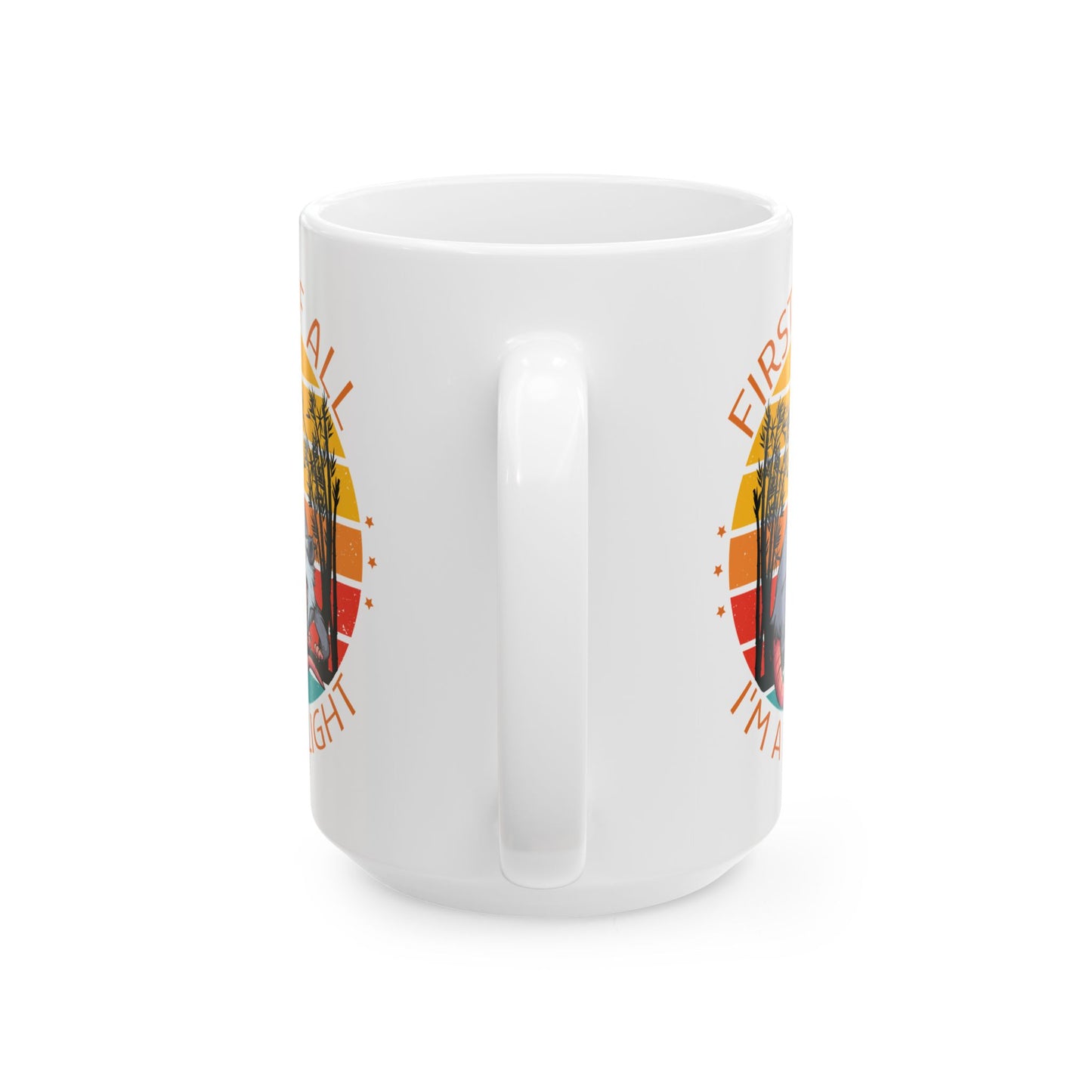 Funny Possum Mug – First of All I'm a Delight Cartoon Opossum Coffee Cup with Retro Sunset Design