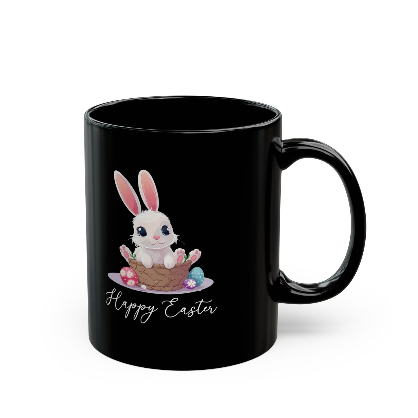 Happy Easter Bunny in Basket Mug – Cute Black Coffee Cup with Pastel Eggs