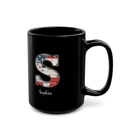 Mug - Patriotic American Flag Letter S with Kevin Name - Vintage Red, White, and Blue Design