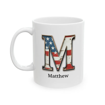White American Flag Mug with Letter M and Name Matthew Personalized Patriotic Coffee Cup Gift for Veterans Military or Proud Americans