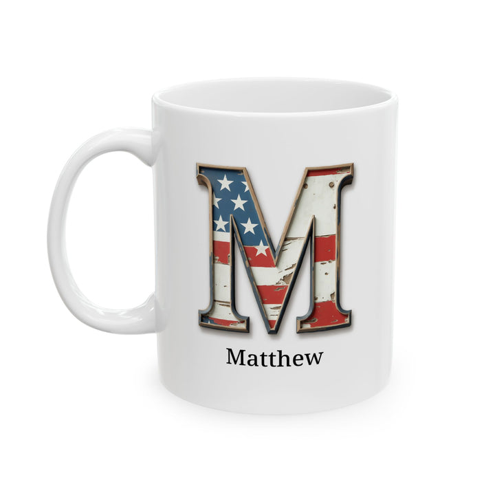 White American Flag Mug with Letter M and Name Matthew Personalized Patriotic Coffee Cup Gift for Veterans Military or Proud Americans