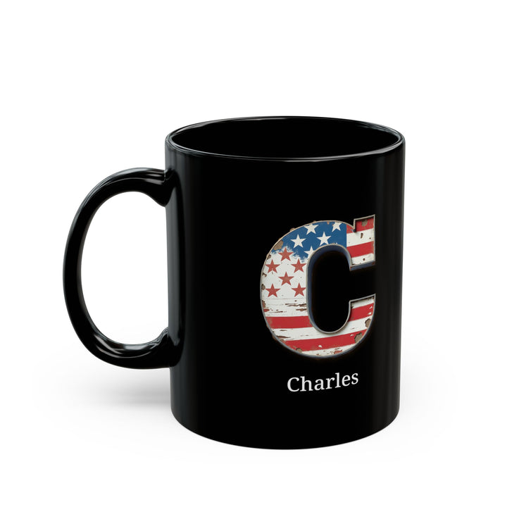 Black Personalized USA Flag Initial Mug with Letter C and Charles Name Gift for Men, Veterans, Patriotic Coffee Lovers