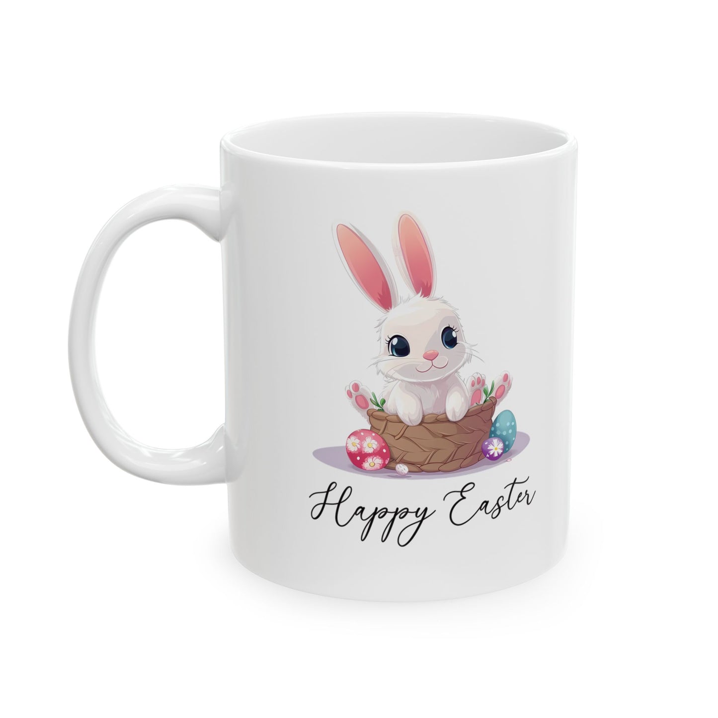 Happy Easter Bunny in Basket Mug – White Cup with Cute Pastel Eggs