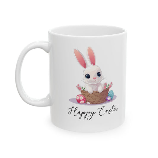 Happy Easter Bunny in Basket Mug – White Cup with Cute Pastel Eggs