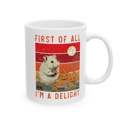 First of All, I'm a Delight Halloween Mug – White Ceramic with Chinchilla and Pumpkins