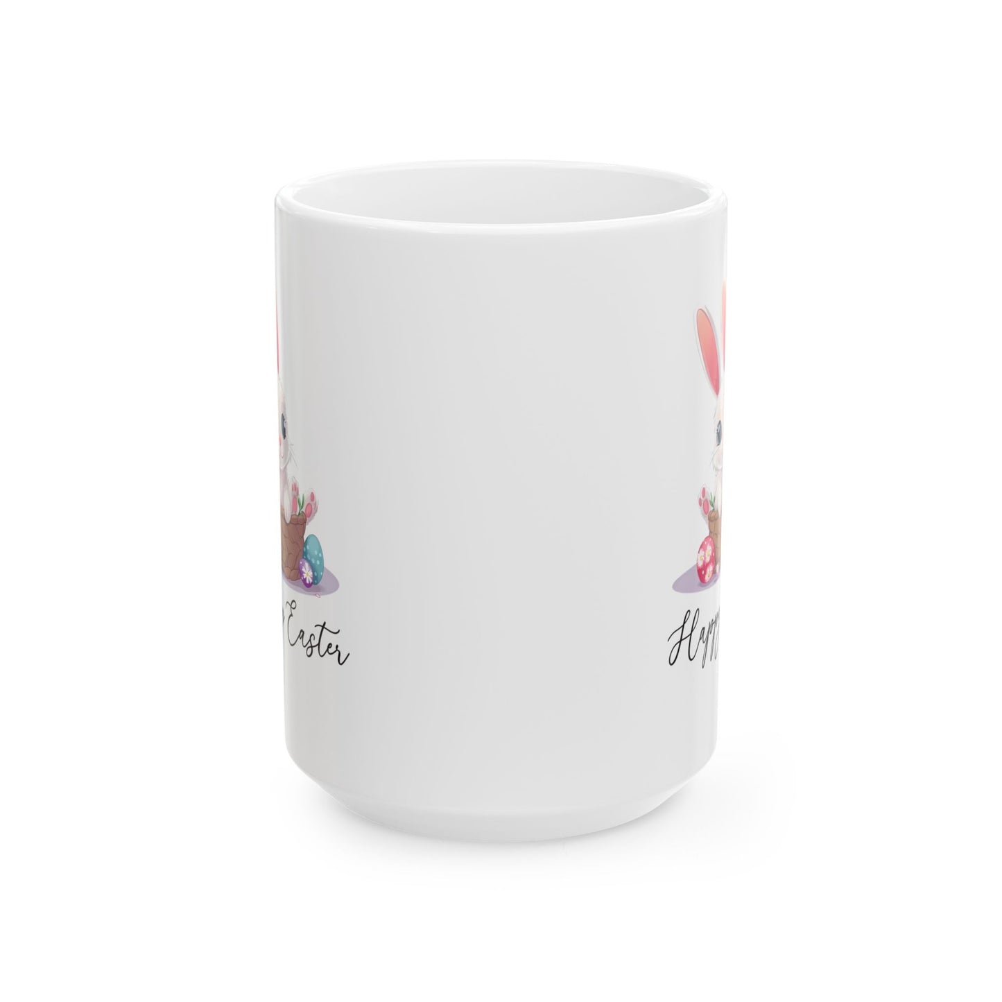 Happy Easter Bunny in Basket Mug – White Cup with Cute Pastel Eggs