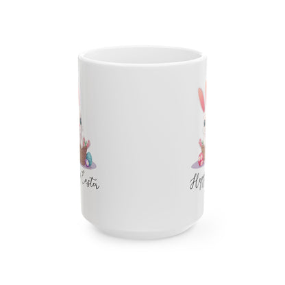 Happy Easter Bunny in Basket Mug – White Cup with Cute Pastel Eggs
