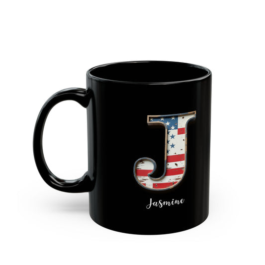Mug - Patriotic American Flag Letter J with Kevin Name - Vintage Red, White, and Blue Design