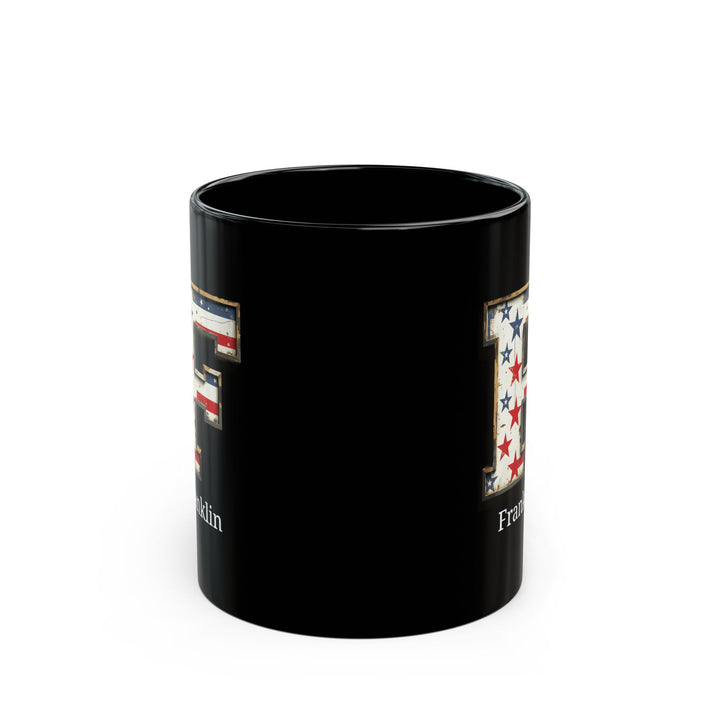 Black Personalized USA Flag Initial Mug with Letter F and Franklin Name Gift for Men, Veterans, Patriotic Coffee Lovers