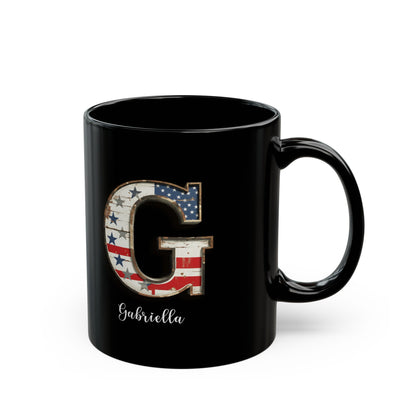 Mug - Patriotic American Flag Letter G with Kevin Name - Vintage Red, White, and Blue Design
