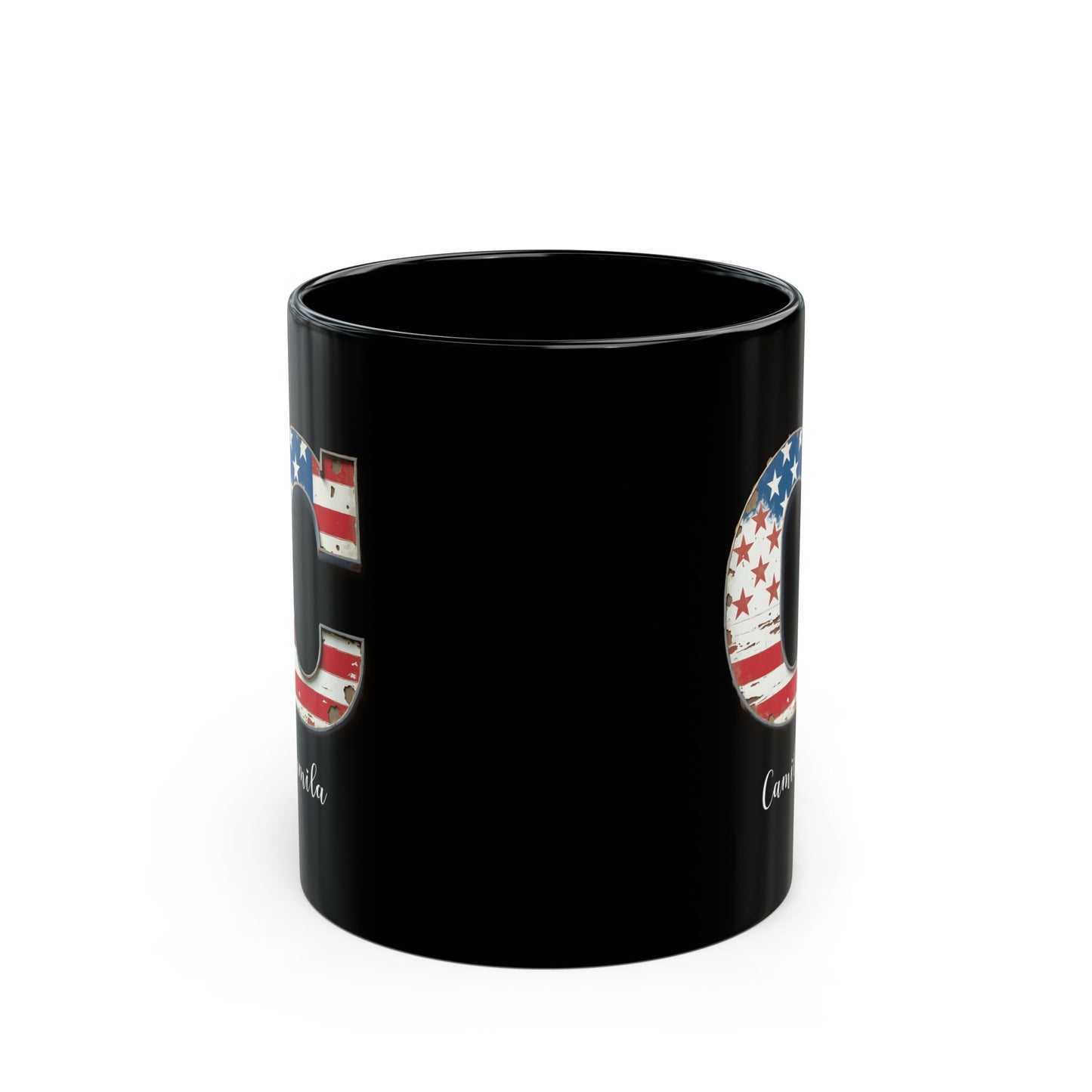 Mug - Patriotic American Flag Letter C with Kevin Name - Vintage Red, White, and Blue Design