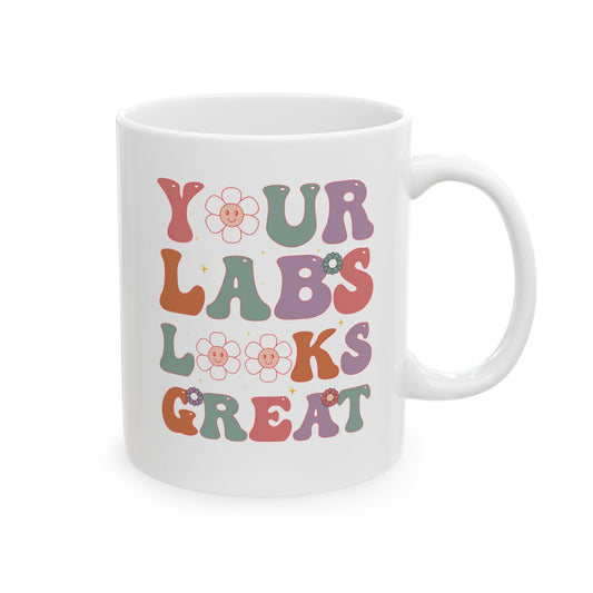 Funny White Coffee Cup for Lab Techs & Nurses – Retro Floral Medical Gift for Healthcare