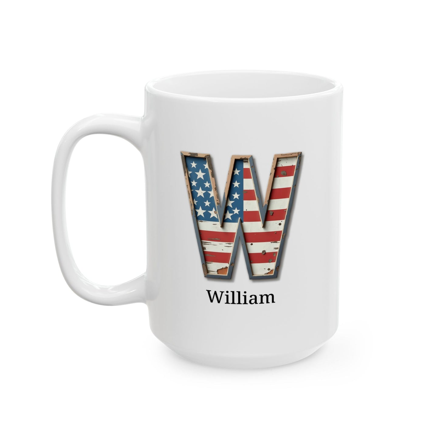 Personalized American Flag Initial Mug with Name Custom USA Letter W Coffee Cup Gift for Men Women Veterans or Patriotic Americans