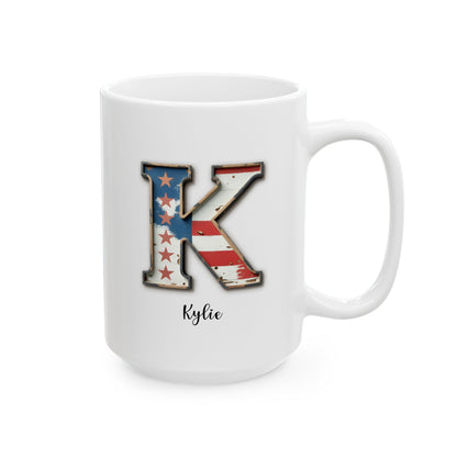 Mug - Patriotic American Flag Letter K with Kevin Name - Vintage Red, White, and Blue Design