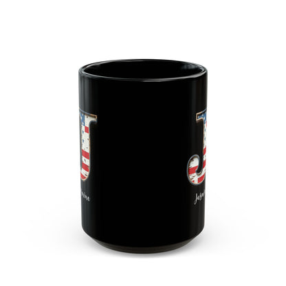 Mug - Patriotic American Flag Letter J with Kevin Name - Vintage Red, White, and Blue Design