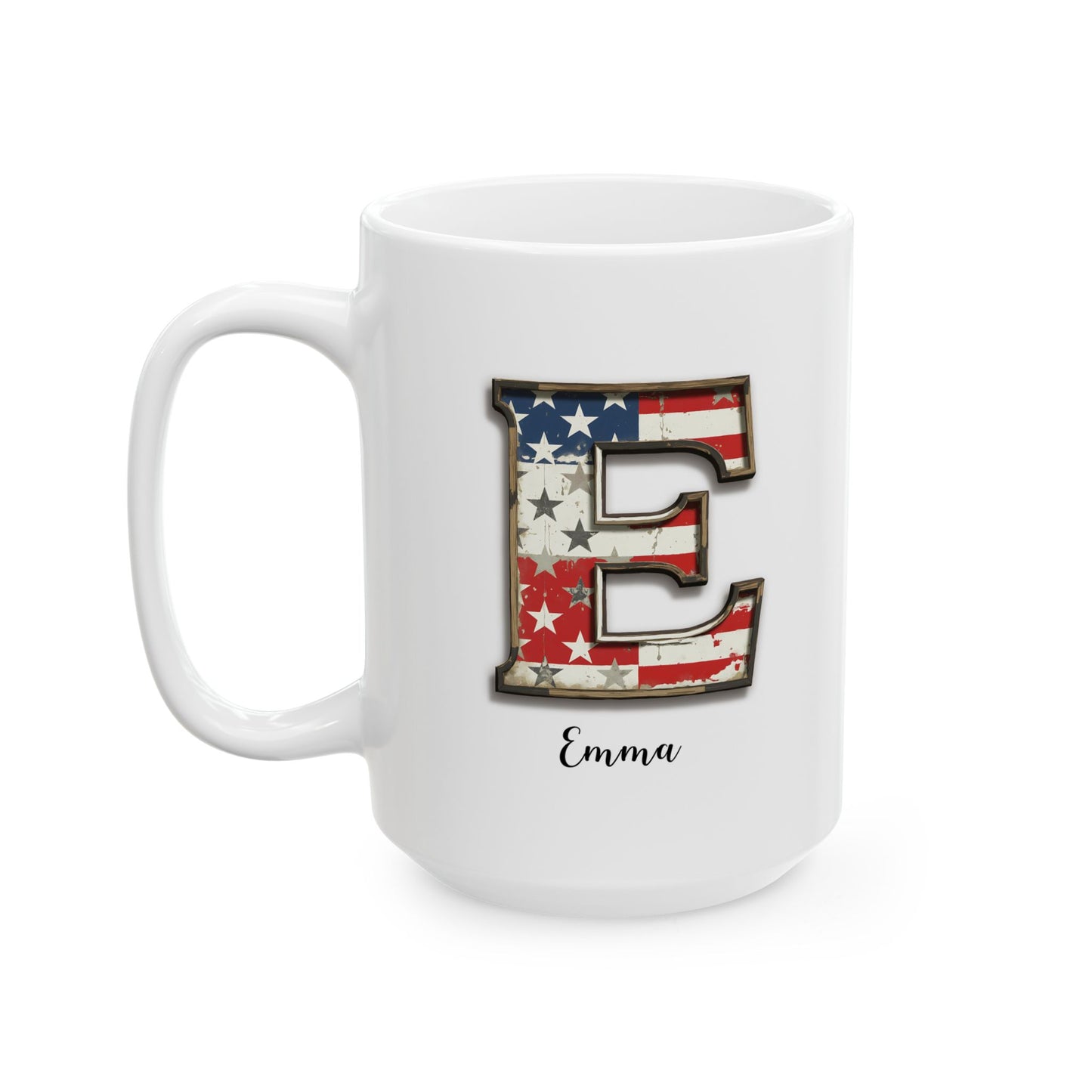 Mug - Patriotic American Flag Letter E with Kevin Name - Vintage Red, White, and Blue Design
