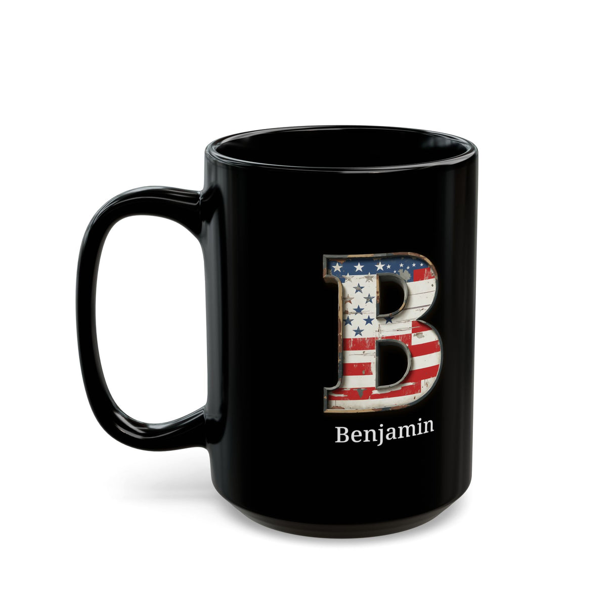 Black Personalized USA Flag Initial Mug with Letter B and Benjamin Name Gift for Men, Veterans, Patriotic Coffee Lovers