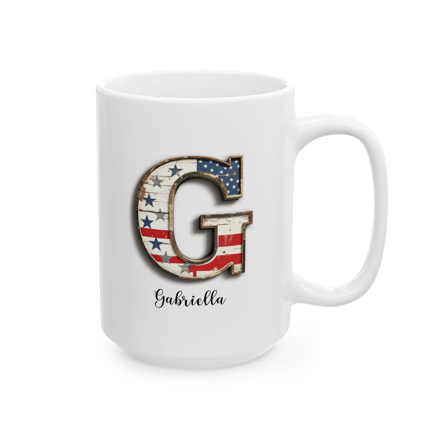 Mug - Patriotic American Flag Letter G with Kevin Name - Vintage Red, White, and Blue Design