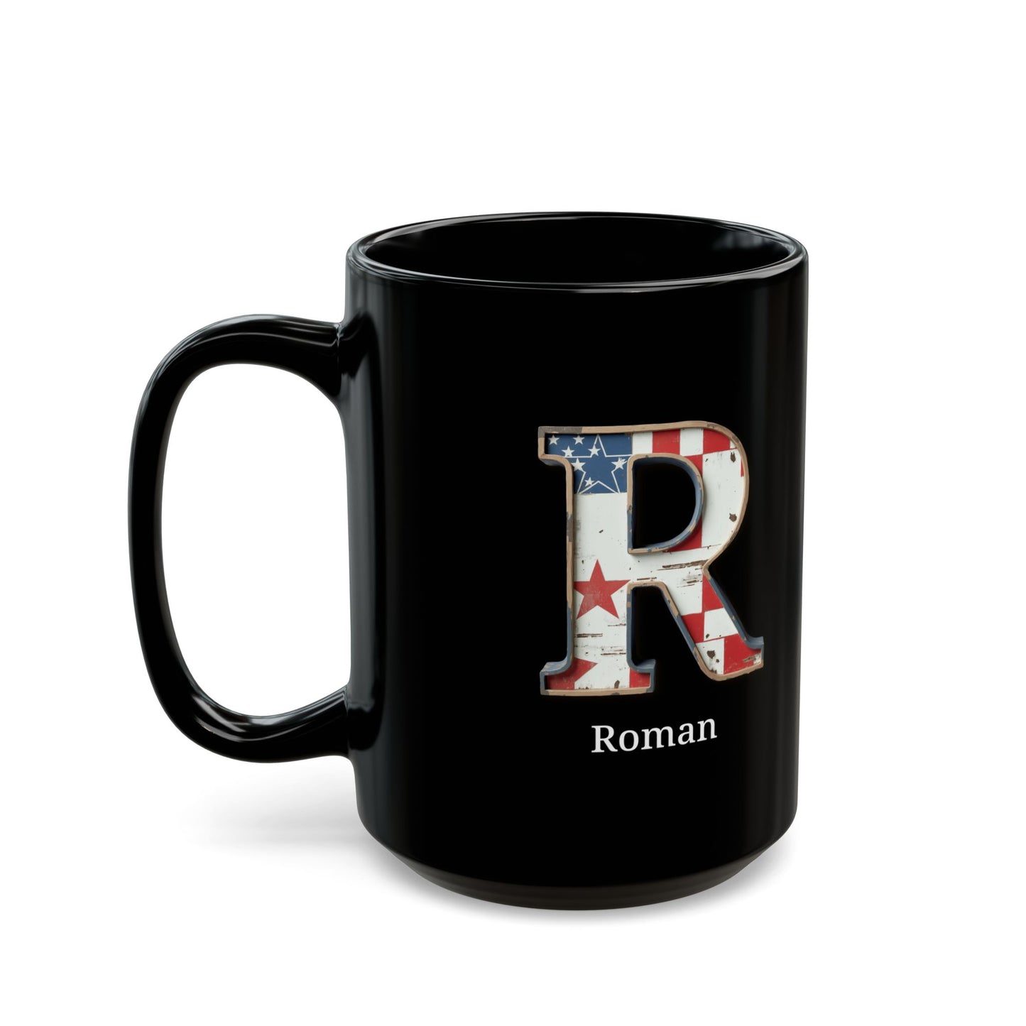 Black American Flag Mug with Letter R and Name Roman Personalized Patriotic Coffee Cup Gift for Men Veterans or Proud USA Supporters