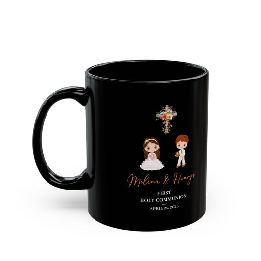 Black First Holy Communion Mug – Gift for Melina & Henry 2025