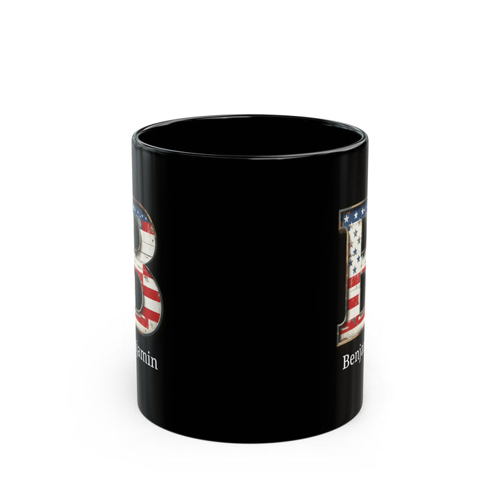 Black Personalized USA Flag Initial Mug with Letter B and Benjamin Name Gift for Men, Veterans, Patriotic Coffee Lovers